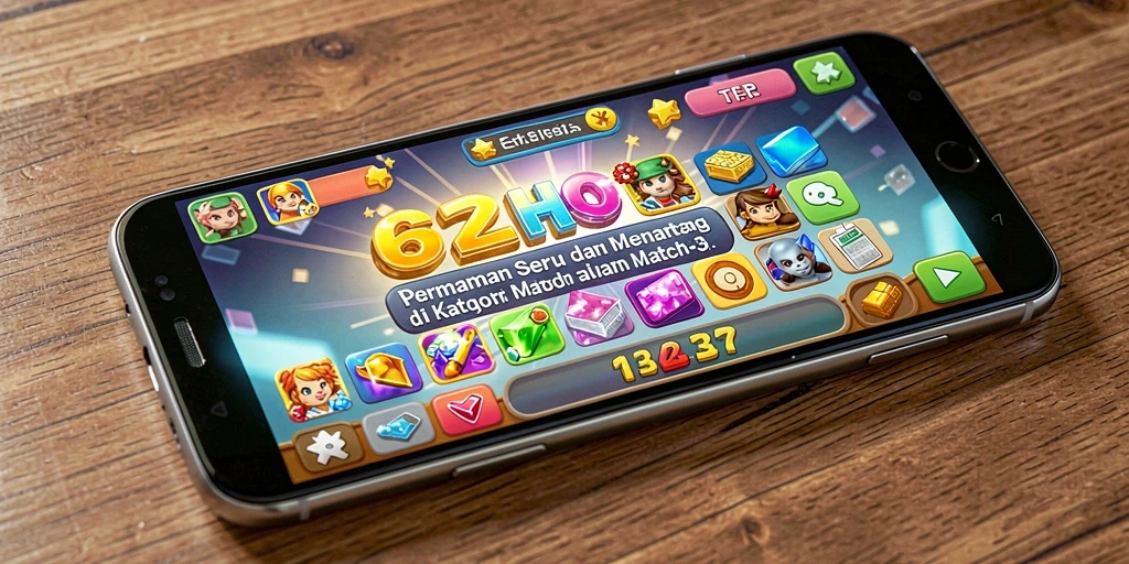 Screenshot gameplay 62HOT yang menunjukkan kombinasi batu permata berwarna-warni.