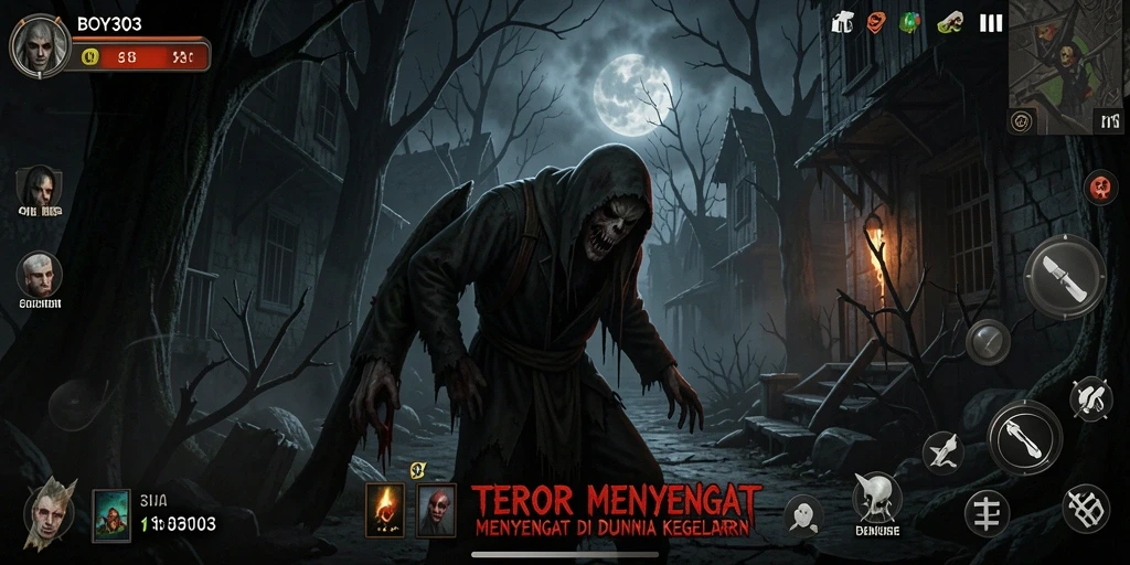 Screenshot gameplay BOY303 menampilkan karakter di tengah kegelapan yang mencekam.