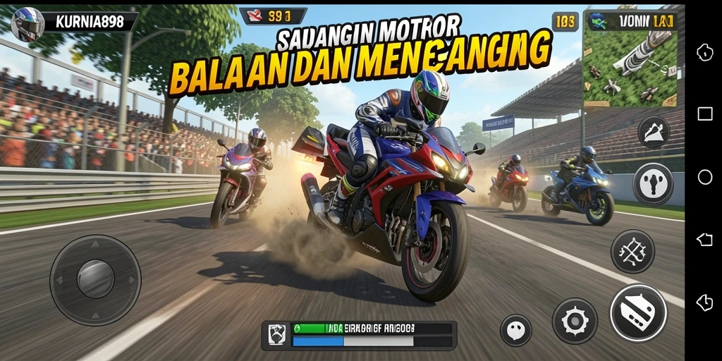 Screenshot gameplay KURNIA898 menampilkan aksi balapan motor yang seru.