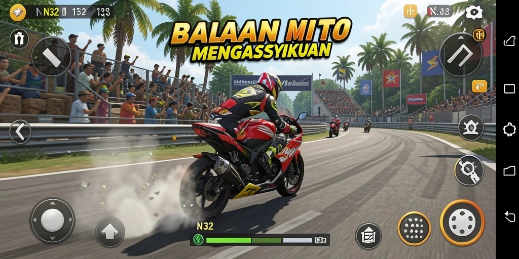 Tangkapan layar N32 menampilkan aksi balapan motor yang mendebarkan.