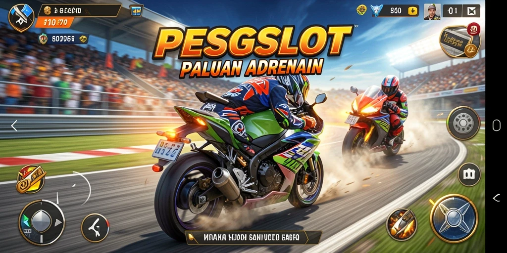 Screenshot PESGSLOT menampilkan aksi balapan motor yang mendebarkan.