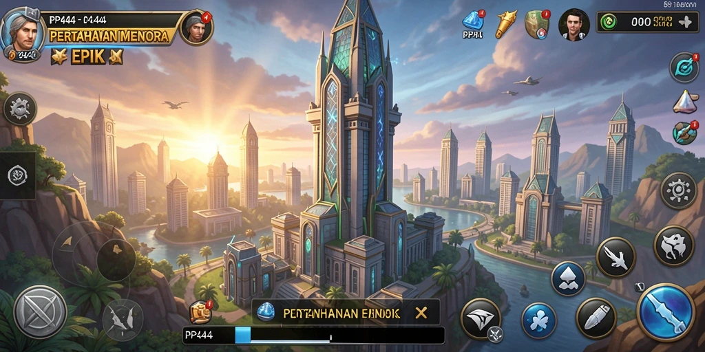 Tampilan utama gameplay PP444 menampilkan aksi Tower Defense yang mendalam.