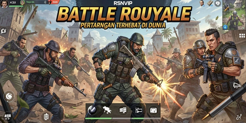 Screen utama RSNVIP menampilkan aksi intens dalam gameplay Battle Royale.