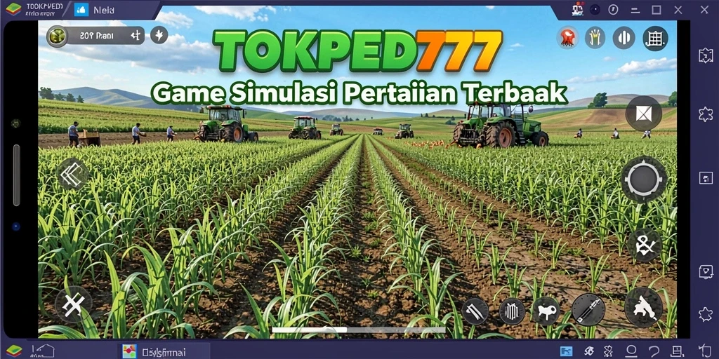 Tampilan gameplay TOKPED777 yang menampilkan ladang hijau subur dan aktivitas pertanian.